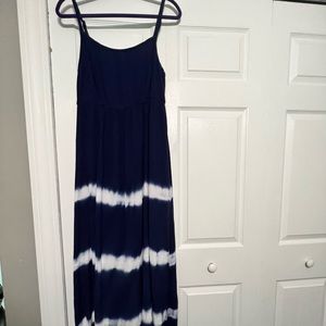 Summer maxi navy tie-dye dress. Adjustable straps. Lace up back detail.